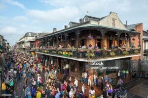 Crowds in the French Quarter during Mardi Gras 2013 in New Orleans, Louisiana